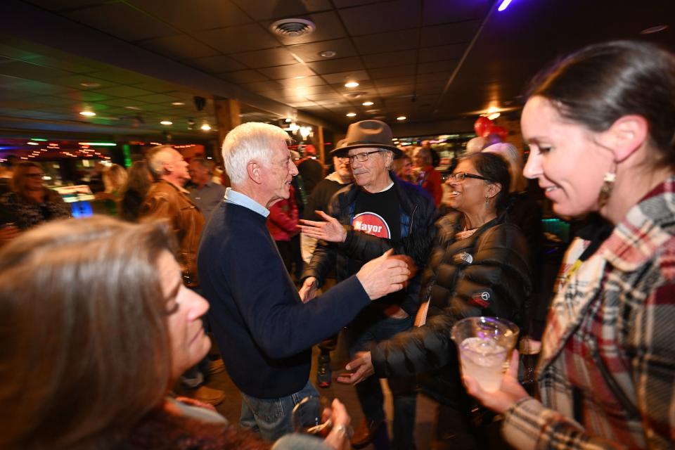 Rocky Anderson shakes hands and hugs his supporters after speaking to the group at a watch party in Salt Lake City on Tuesday, Nov. 21, 2023. | Scott G Winterton, Deseret News