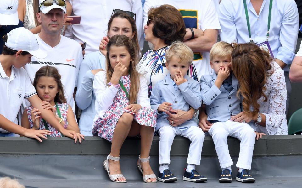 Mirka Federer (R) with her children Myla, Charlene, Leo and Lenny attend day 13 of Wimbledon 2017  - Credit: Getty