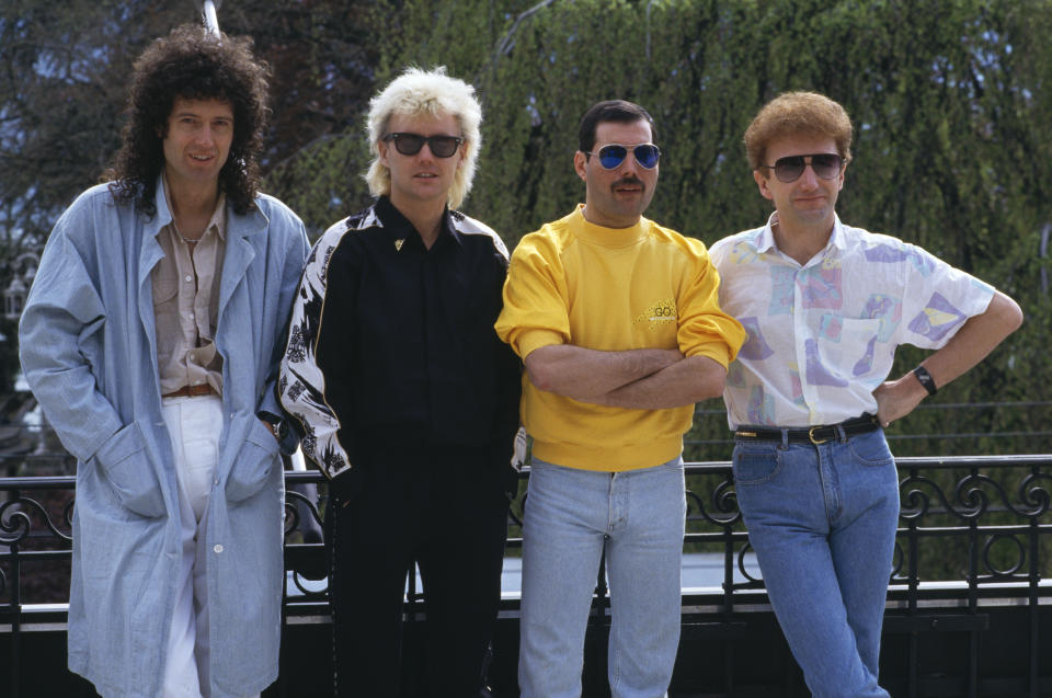 British rock group Queen at the Montreux Rock Festival in Switzerland, May 1986. Left to right: guitarist Brian May, drummer Roger Taylor, singer Freddie Mercury (1946 - 1991) and bassist John Deacon. (Photo by Dave Hogan/Getty Images)