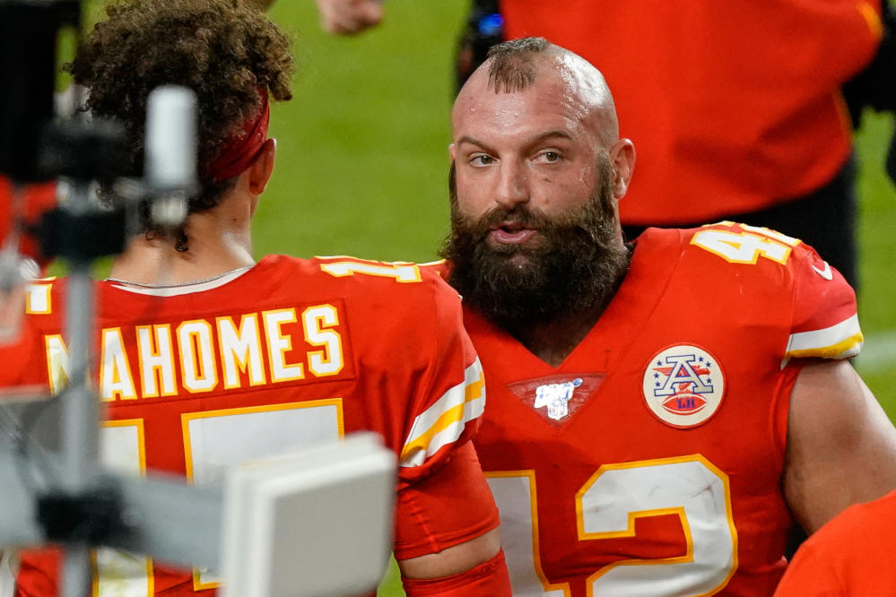 Kansas City Chiefs players celebrate after Anthony Sherman recovered a  fumble on a punt return by the Buffalo Bills during the second half of an  NFL football game, Sunday, Nov. 9, 2014