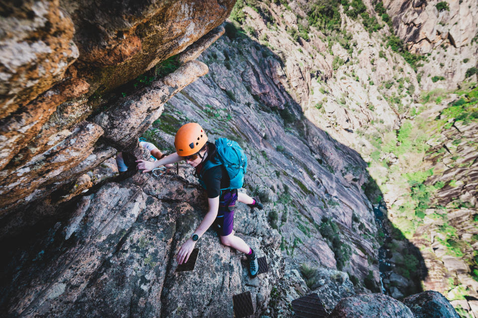 Julia Clarke on a via ferrata in Corsica