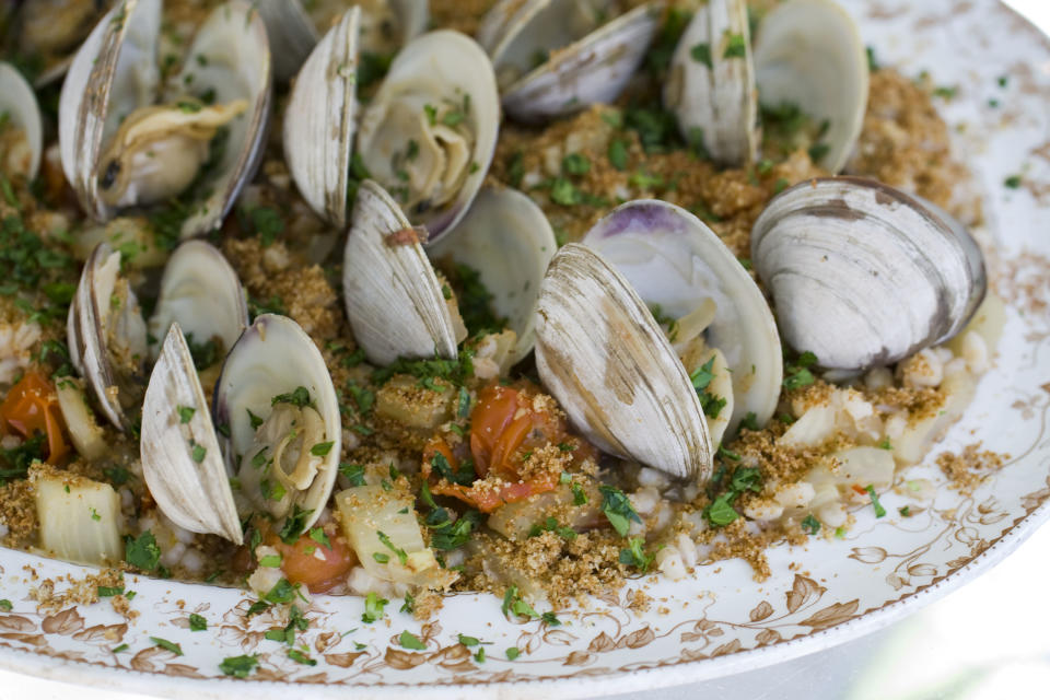 This Sept. 23, 2013 photo shows barley with clam sauce in Concord, N.H. The dish is a healthy alternative to white pasta with clams. (AP Photo/Matthew Mead)