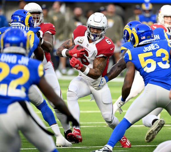 Running back James Conner (6) and the Arizona Cardinals will host the Los Angeles Rams on Sunday in Glendale, Ariz. File Photo by Jon SooHoo/UPI