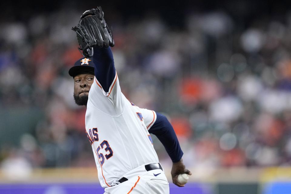 Houston Astros starting pitcher Cristian Javier throws against the Chicago Cubs during the first inning of a baseball game Tuesday, May 16, 2023, in Houston. (AP Photo/David J. Phillip)