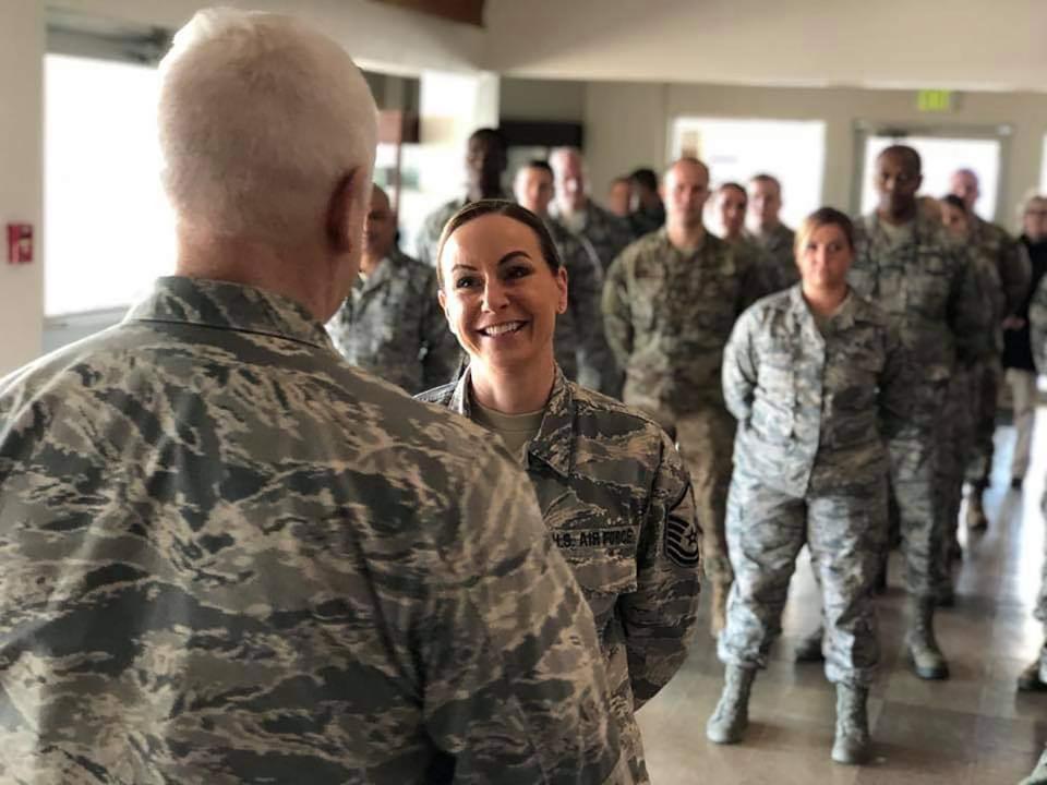 In this 2018 photo, Lt. Gen. L. Scott Rice of the Air National Guard congratulates Master Sgt. Lisa Levasseur for her achievements.