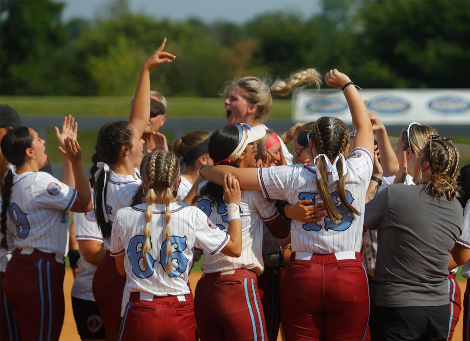 Ballard celebrates after beating Henderson County in the Kentucky State Softball Championship.June 10, 2023