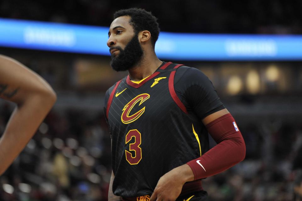 The Cavaliers' Andre Drummond looks on during the first half of a  game against the Chicago Bulls in March.