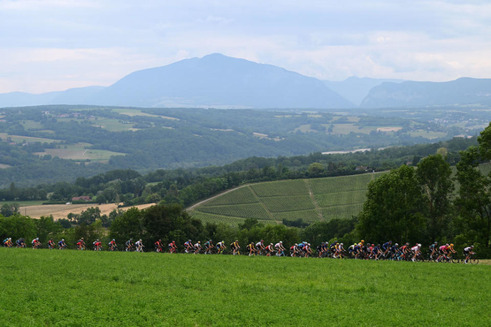 CRESTVOLAND FRANCE  JUNE 09 A general view of the peloton climbing to the Cte de ClermontenGenevois 639m during the 75th Criterium du Dauphine 2023 Stage 6 a 1702km stage from Nantua to CrestVoland 1218m  UCIWT  on June 09 2023 in CrestVoland France Photo by Dario BelingheriGetty Images