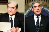 <p>De Niro added some bushy eyebrows and prosthetics to <a href="https://www.youtube.com/watch?v=Nb0ftN84LUk" rel="nofollow noopener" target="_blank" data-ylk="slk:portray Robert Mueller;elm:context_link;itc:0;sec:content-canvas" class="link ">portray Robert Mueller</a>, the former FBI director and former special counsel for the U.S. Dept. of Justice. The <a href="https://www.youtube.com/watch?v=MW8M3tr1XXo" rel="nofollow noopener" target="_blank" data-ylk="slk:transformation paid off;elm:context_link;itc:0;sec:content-canvas" class="link ">transformation paid off</a> when De Niro was nominated for his portrayal in 2019. </p>