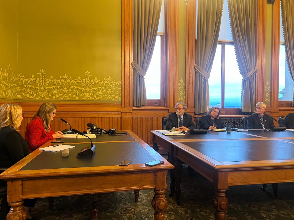 Iowa Director of Education McKenzie Snow (left) speaks to senators during a subcommittee on her confirmation process at the Iowa State Capitol on March 26, 2024.