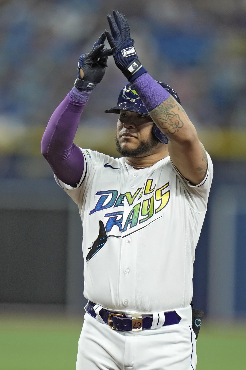 Tampa Bay Rays' Harold Ramirez celebrates after his RBI single off Kansas City Royals starting pitcher Zack Greinke scored Manuel Margot during the fifth inning of a baseball game Friday, June 23, 2023, in St. Petersburg, Fla. (AP Photo/Chris O'Meara)