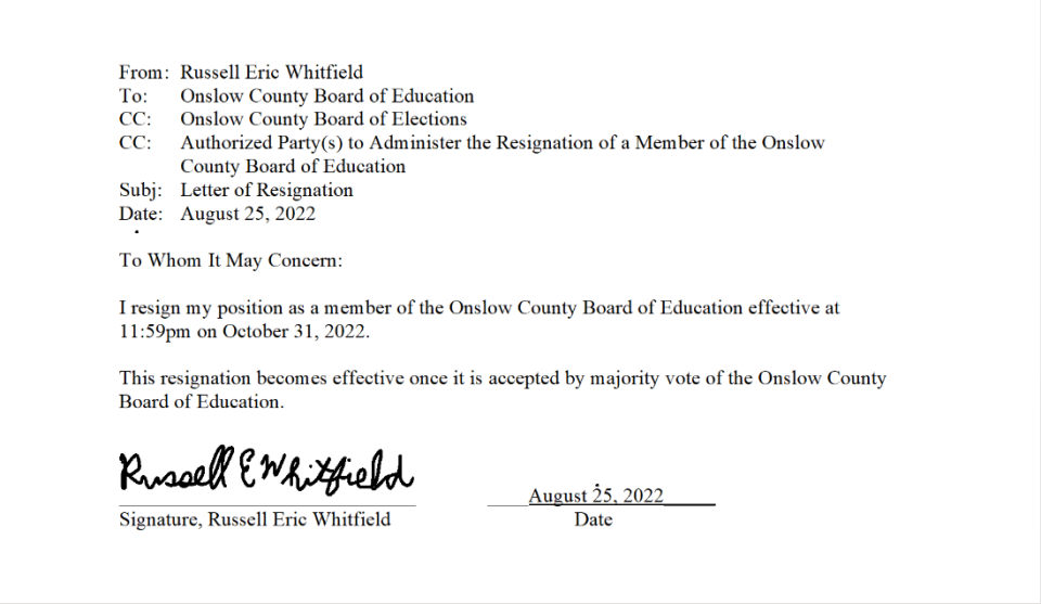 Onslow County school board member Eric Whitfield has sent a letter of resignation to the board ahead of a possible amotion decision that could remove him from office.