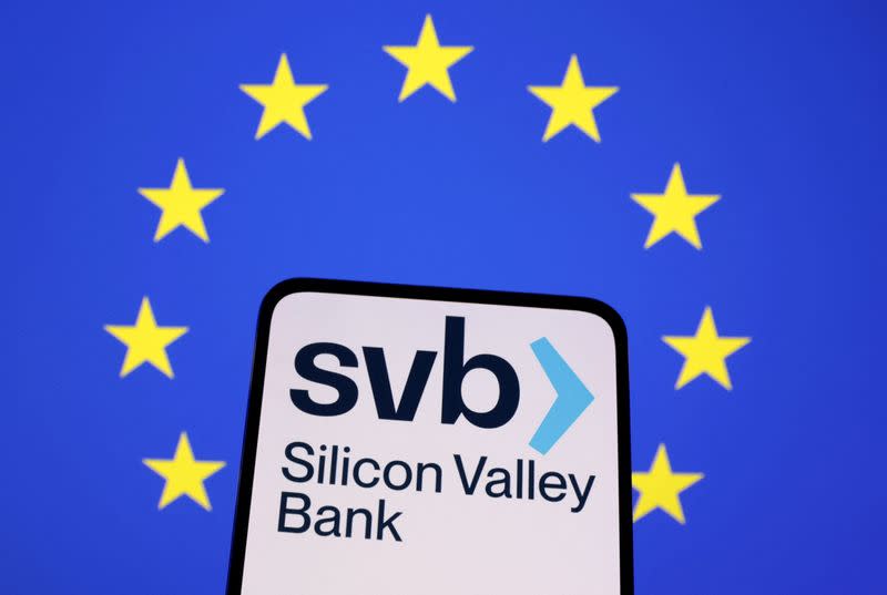 Illustration shows SVB (Silicon Valley Bank) logo and EU flag