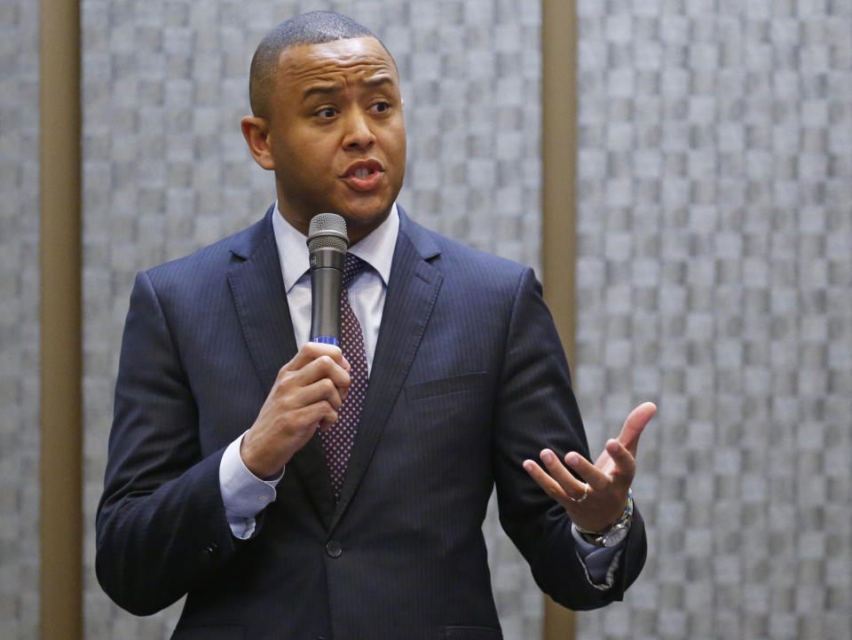 FILE - State Rep. T.W. Shannon gestures during a Republican candidate forum for the open U.S. Senate seat, in Lawton, Okla., on June 6, 2014. (AP Photo/Sue Ogrocki, File)