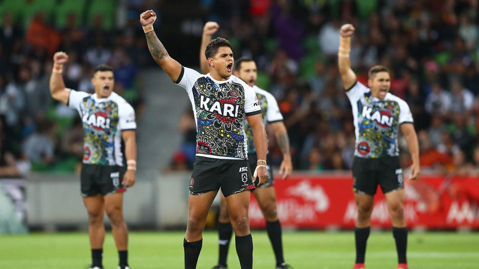 Latrell Mitchell leads the Indigenous side’s pre-game ritual. Pic: Getty