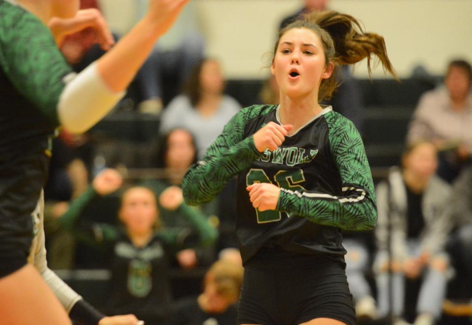 Griswold's Abby Matheson celebrates a point during the Wolverines' unbeaten regular season a year ago.