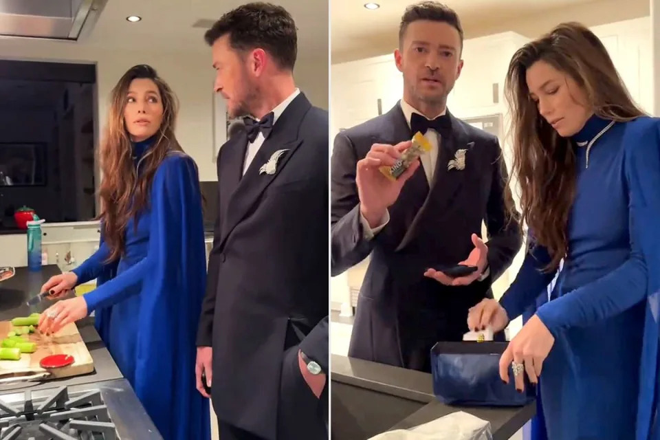 <p>Justin Timberlake/TikTok</p> Jessica Biel and Justin Timberlake packing snacks before the Oscars afterparty