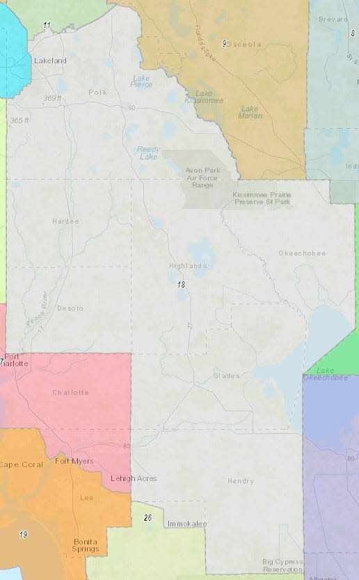 District 18 groups half of Lakeland and the vast majority of Polk's geographic area with counties such as Collier and Hendry -- south of Lake Okeechobee.