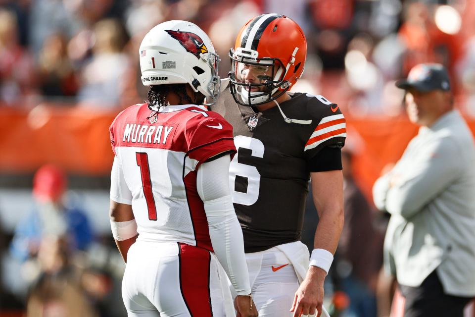 Browns QB Baker Mayfield (6) seems likely to be on the move this offseason, though former Oklahoma teammate Kyler Murray is apparently remaining in Arizona.