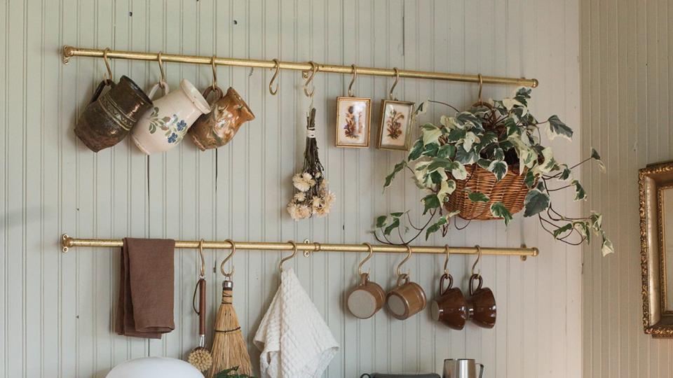 coffee bar table with hanging mugs