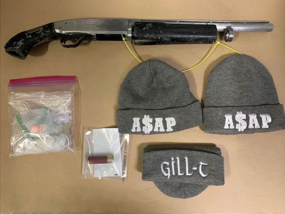 ALERT says officer arrested suspected members of the A$AP street gang in the Wabasca-Desmarais area in early March. Investigators say they seized a sawed off shotgun and quantities of cocaine and fentanyl. The A$AP street gang wears grey and white clothing, police say.  (Alberta Law Enforcement Response Teams - image credit)