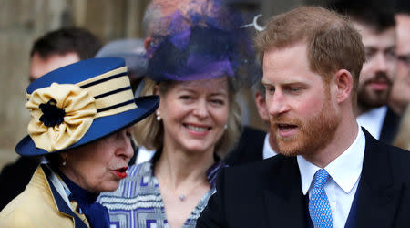 Britain's Prince Harry, speaks with Princess Anne, as they prepare to depart after the wedding of Lady Gabriella Windsor and Thomas Kingston at St George's Chapel, near London, Britain May 18, 2019. Frank Augstein/Pool via REUTERS