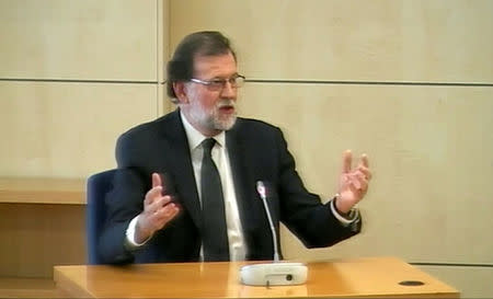 Spain's Prime Minister Mariano Rajoy testifies as a witness in the Gurtel corruption trial in this still image from video in San Fernando de Henares, outside Madrid, Spain July 26, 2017. REUTERS TV via REUTERS