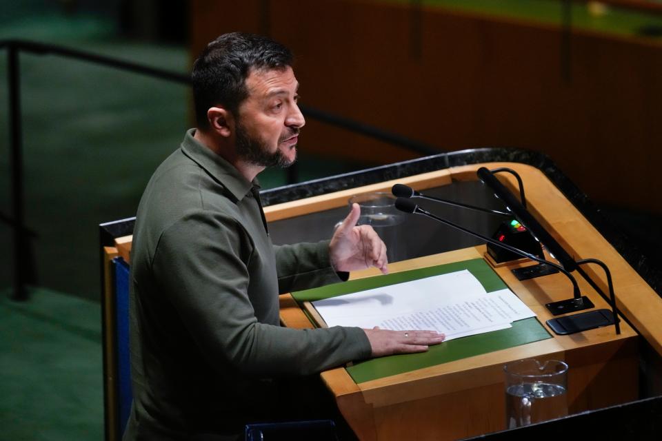 Ukrainian President Volodymyr Zelenskyy addresses the 78th session of the United Nations General Assembly at United Nations headquarters, Tuesday, Sept. 19, 2023. (AP Photo/Seth Wenig) ORG XMIT: UNSW133