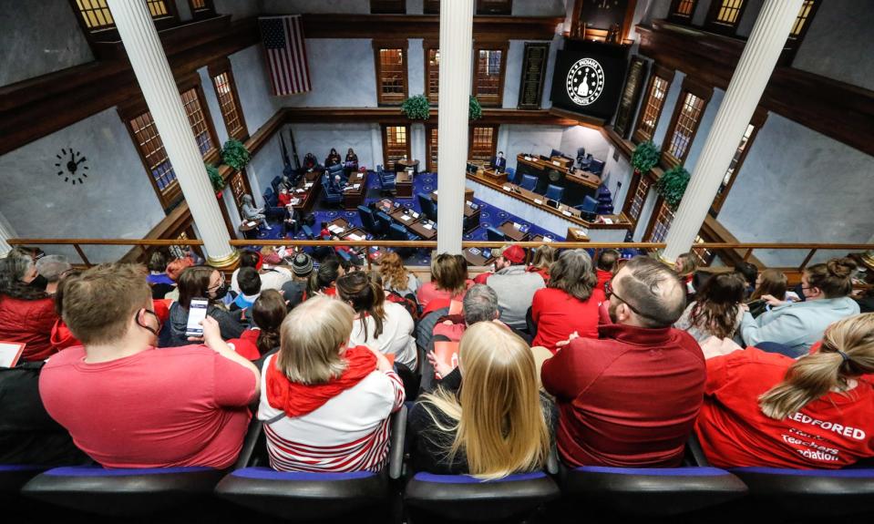 Educators with the ISTA (Indiana State Teachers Association) visit the Indiana State House for a Pack the House rally over HB 1134, a CRT inspired curriculum bill, on Wednesday, Feb. 16, 2022 in Indianapolis. 