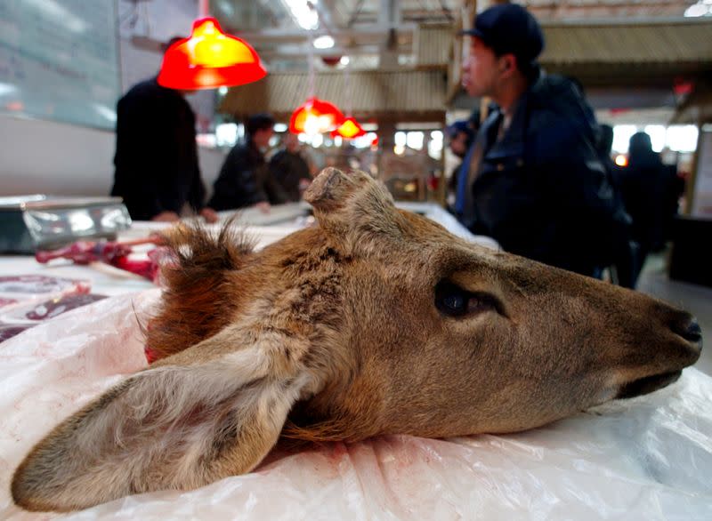 FILE PHOTO: Head of a deer is displayed at a newly opened market in Beijing which specialises in selling exotic animal meat, China