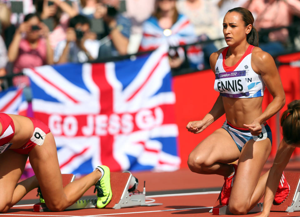 Jessica Ennis of Great Britain competes in the Women's Heptathlon 100m Hurdles Heat 1 on Day 7 of the London 2012 Olympic Games at Olympic Stadium on August 3, 2012 in London, England. (Photo by Alexander Hassenstein/Getty Images)