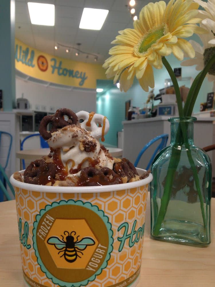 Decadent caramel and chocolate-covered-pretzel frozen yogurt from Wild Honey Frozen Yogurt