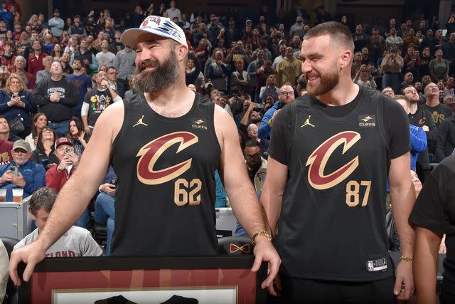 <p>David Liam Kyle/NBAE via Getty</p> Jason Kelce and Travis Kelce are honored during the game between the Boston Celtics and the Cleveland Cavaliers on March 5, 2024 at Rocket Mortgage FieldHouse in Cleveland, Ohio.