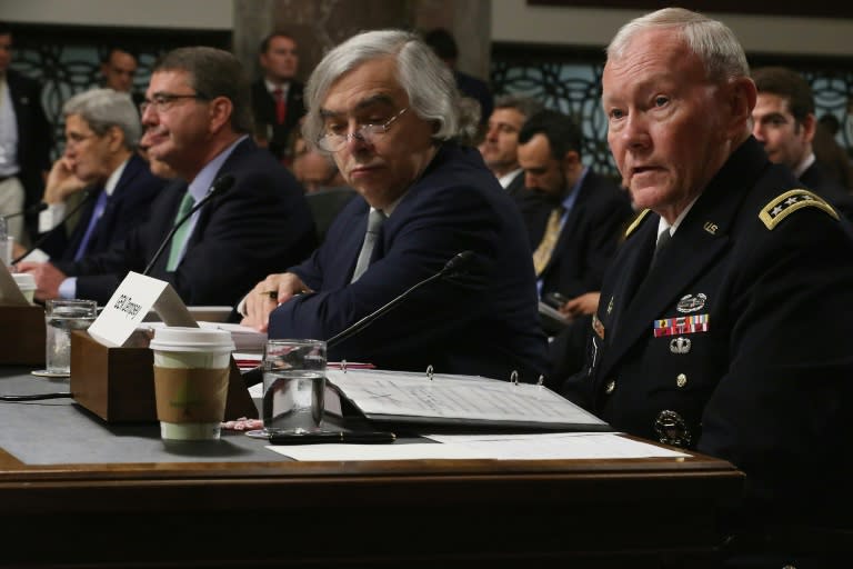 Chairman of the Joint Chiefs of Staff General Martin Dempsey (R) testifies before the Senate Armed Services Committee about the nuclear deal struck with Iran, on July 29, 2015 in Washington, DC