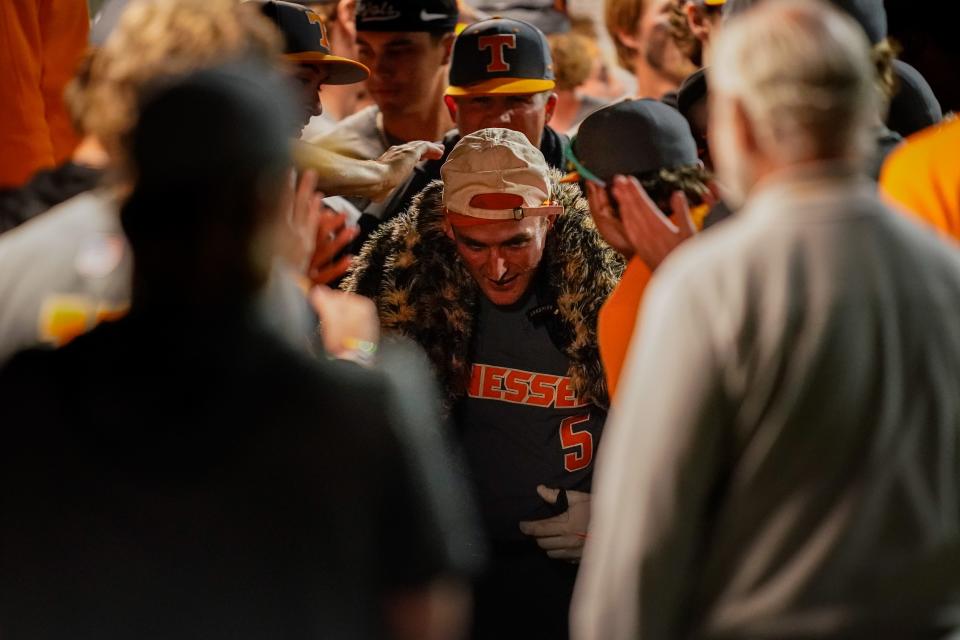 Tennessee catcher Cannon Peebles (5) celebrates his home run against Vanderbilt during the eighth inning at Hawkins Field in Nashville, Tenn., Friday, May 10, 2024.