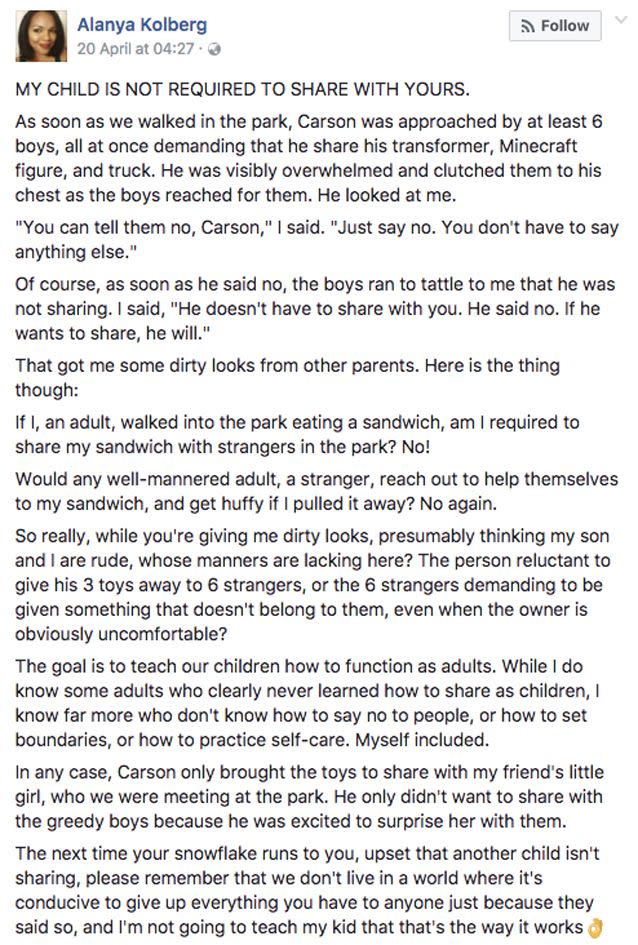 Alayna Kolberg explained why her child shouldn't need to share in a lengthy post. Photo: Facebook / Alayna Kolberg