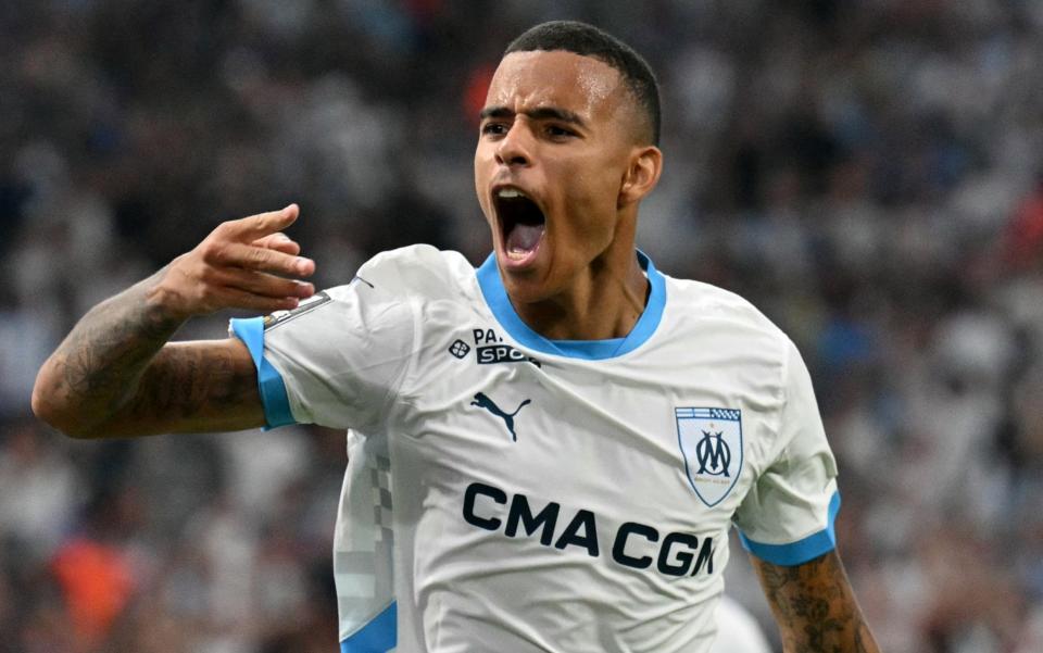 Mason Greenwood celebrates scoring for Marseille against Stade de Reim