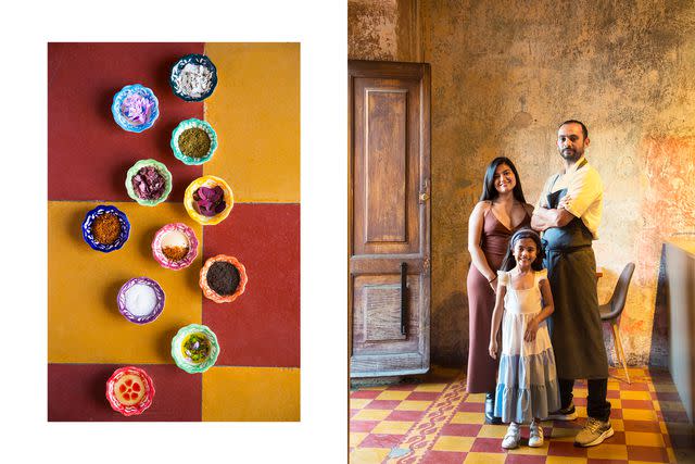<p>Joaquin Trujillo</p> From left: Dishes filled with hibiscus flower and other local ingredients at Quiltro, a restaurant in Antigua Guatemala; chef Rodrigo Salvo of Quiltro, with his wife, Dulce Maria Palacio, and daughter, Camila.
