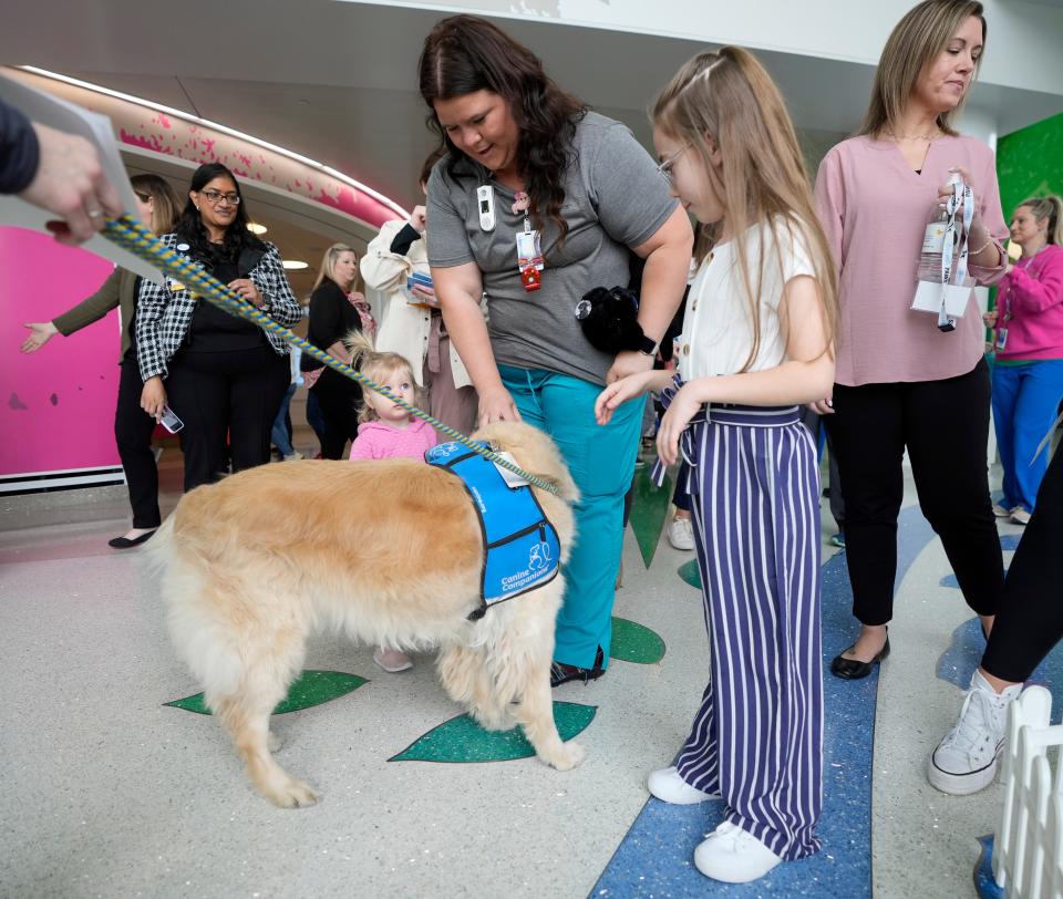 Macie Taylor, 8, of Zanesville, underwent surgery earlier this year to treat cerebral palsy. She worked with a facility dog, Beck, at Nationwide Children's Hospital's inpatient rehabilitation unit to improve her mobility.