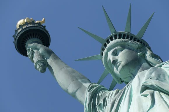 Statue of Liberty seen from ground level.