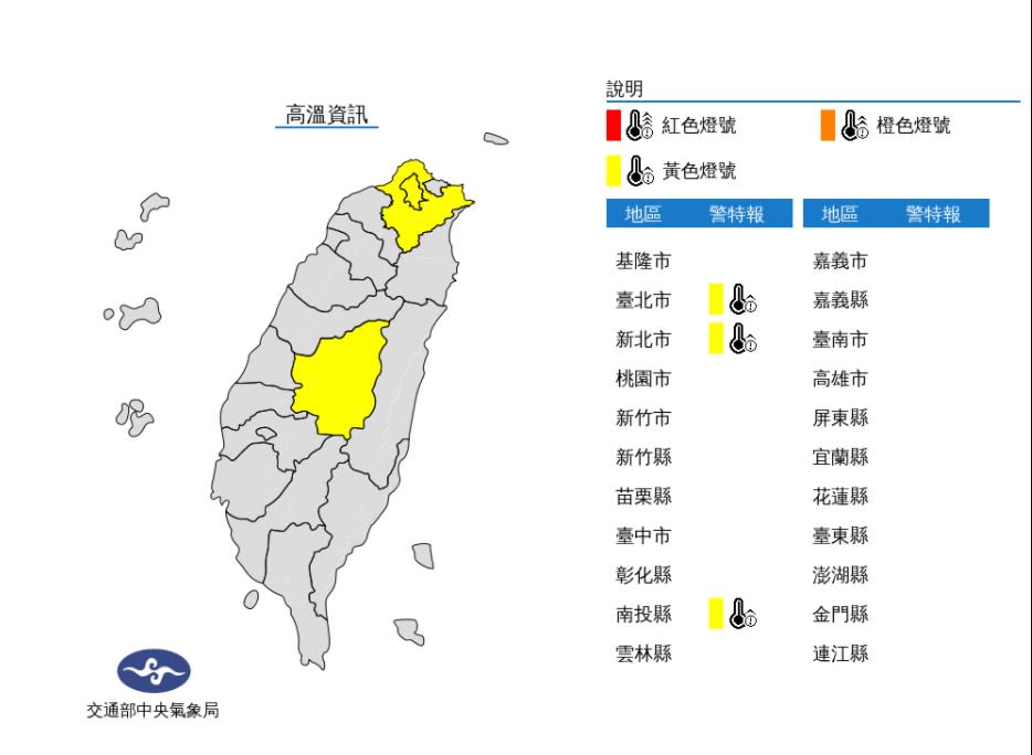 大台北及南投為黃色燈號，有局部36度高溫發生的機率。