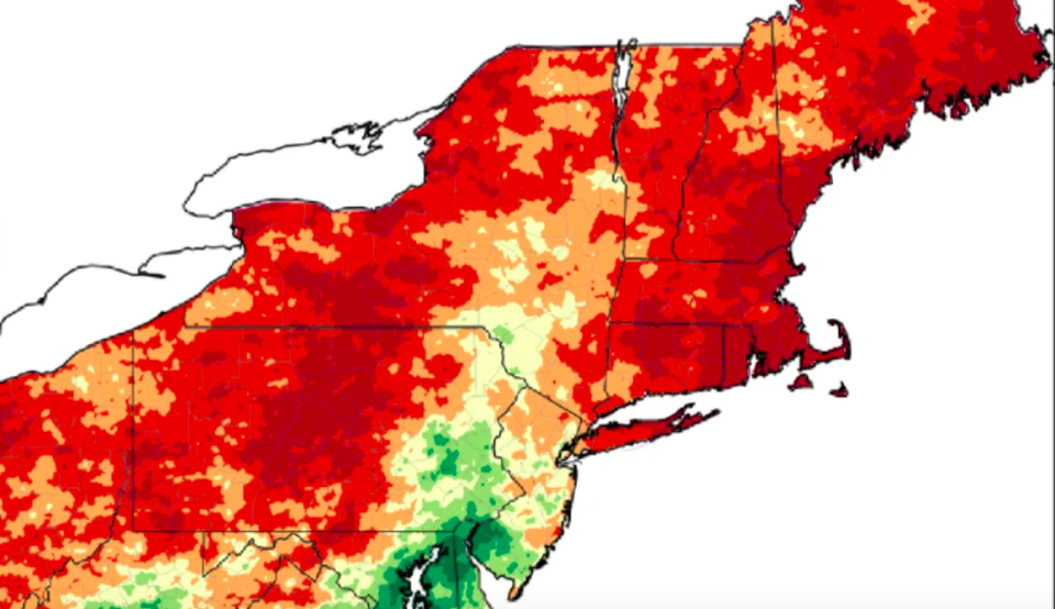 A Northeast Regional Climate Center map of precipitation from June to August 2020 resulting in extreme drought conditions.