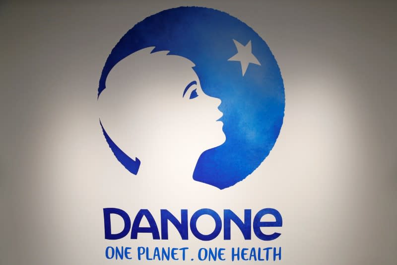 The logo of French food group Danone is pictured during the company's 2017 annual results in Paris
