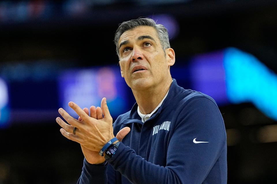 Villanova head coach Jay Wright watches during practice for the men's Final Four NCAA college basketball tournament, Friday, April 1, 2022, in New Orleans. (AP Photo/David J. Phillip)