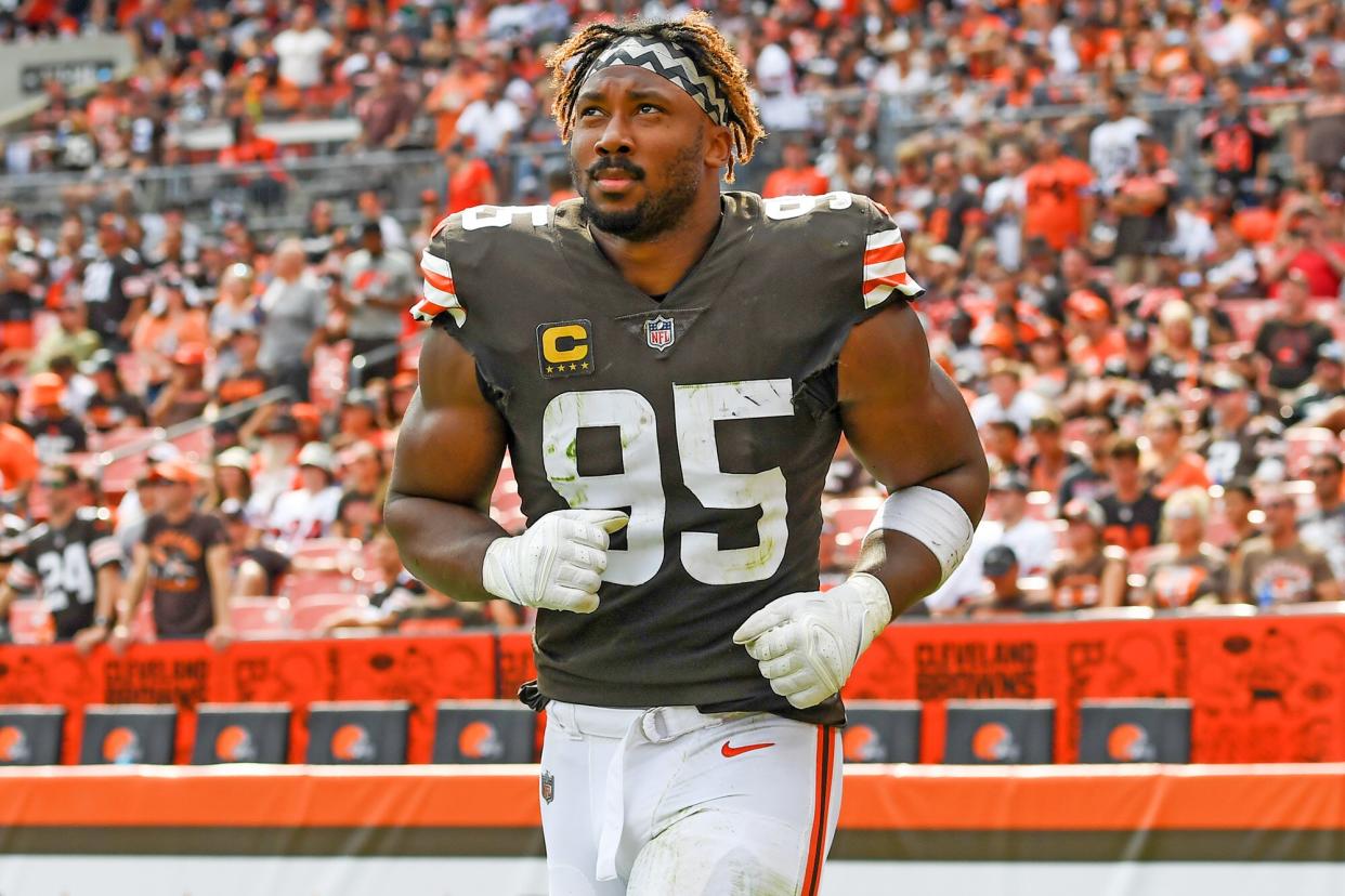 CLEVELAND, OH - SEPTEMBER 18: Myles Garrett #95 of the Cleveland Browns runs onto the field at halftime against the New York Jets at FirstEnergy Stadium on September 18, 2022 in Cleveland, Ohio. (Photo by Nick Cammett/Diamond Images via Getty Images)