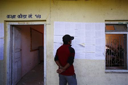 A man looks for his name in the voters' list at a polling station a day before the Constituent Assembly election in Bhaktapur November 18, 2013. REUTERS/Navesh Chitrakar