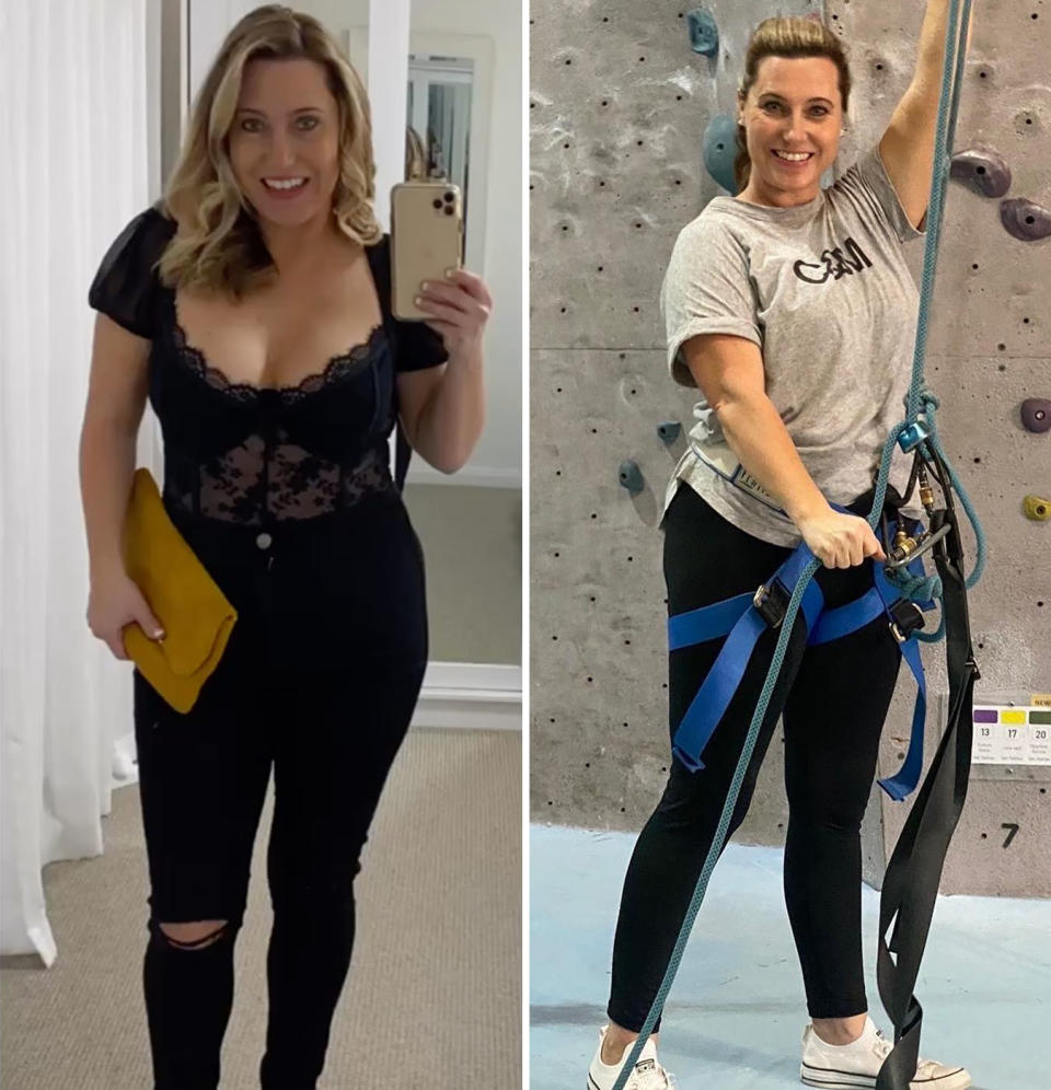 L: Melissa Sheppard in a black outfit. R: Melissa Sheppard rock climbing