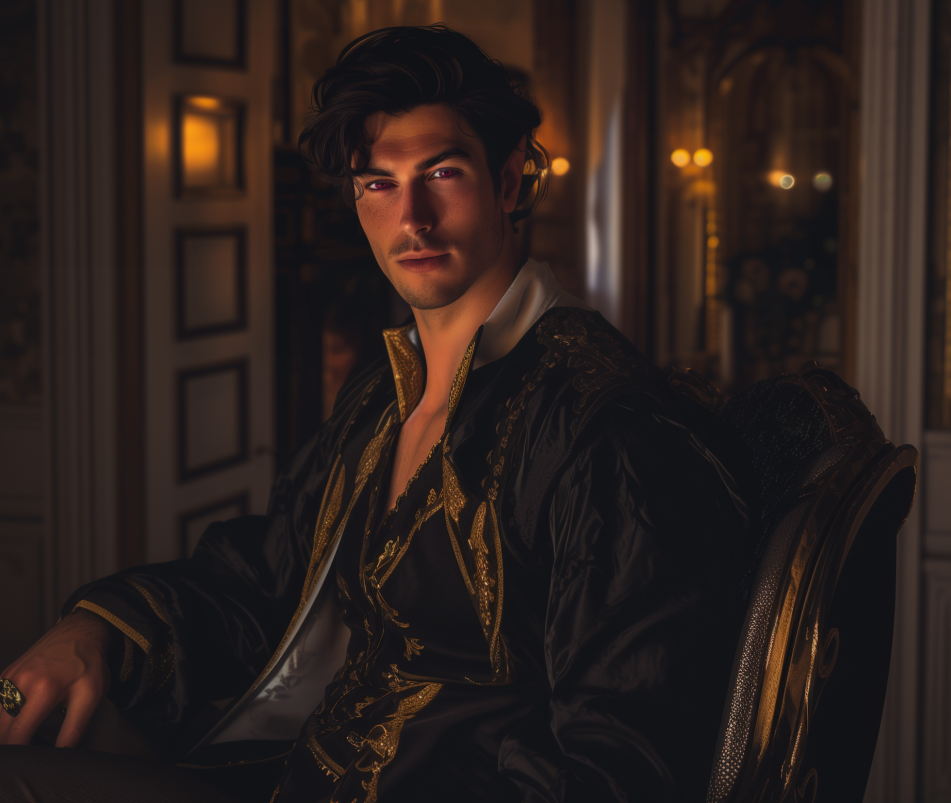 Man in ornate jacket sits pensively in a dark, vintage room, evoking a historical novel setting
