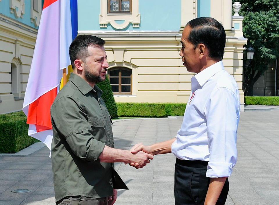 In this photo released by Indonesian Presidential Palace, Indonesian President Joko Widodo, right, shakes hands with his Ukrainian counterpart Volodymyr Zelensky during their meeting in Kyiv, Ukraine on Wednesday, June 29, 2022. Widodo, whose country holds the rotating presidency of the Group of 20 leading rich and developing nations, is currently on a tour to Ukraine and Russia for meetings with the leaders of the two warring nations following a visit to Germany to attend the Group of Seven summit. (Laily Rachev, Indonesian Presidential Palace via AP)