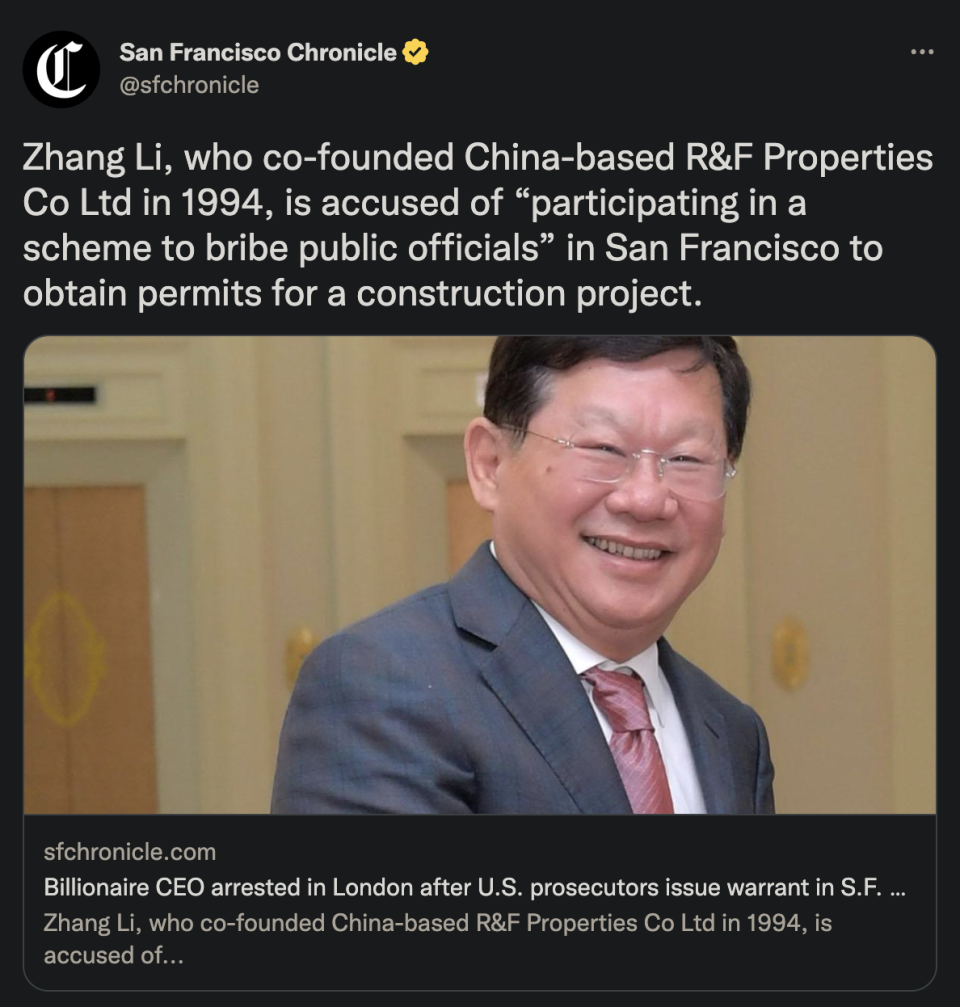 Tweet by the San Francisco Chronicle about Zhang Li